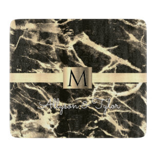 Black & Gold Marble, Gold Band, Name & Monogram Cutting Board