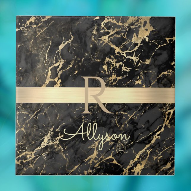 Black & Gold Marble, Gold Bar, DIY Name & Monogram Ceramic Tile (Creator Uploaded)