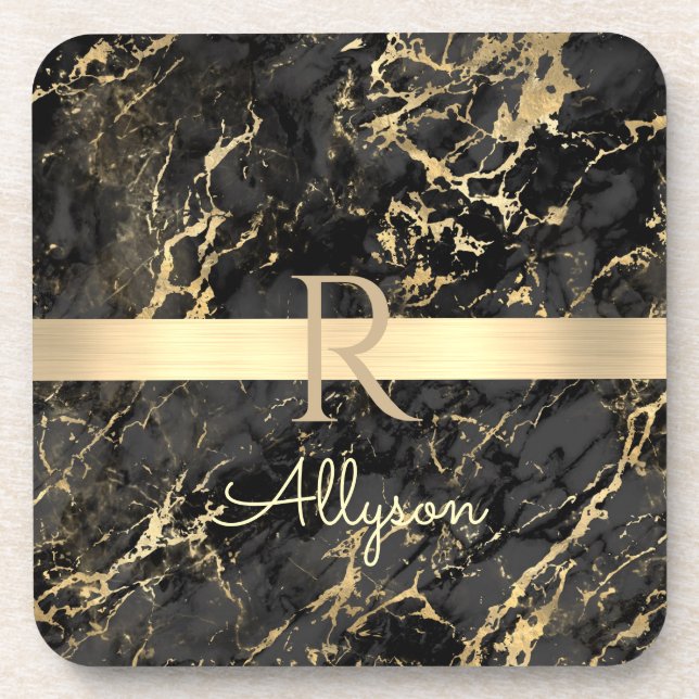 Black & Gold Marble, Gold Bar, DIY Name & Monogram Coaster (Front)