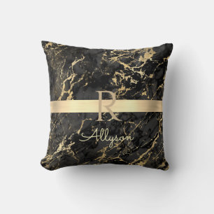 Black & Gold Marble, Gold Bar, DIY Name & Monogram Cushion