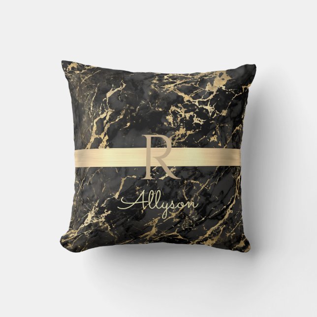 Black & Gold Marble, Gold Bar, DIY Name & Monogram Cushion (Front)