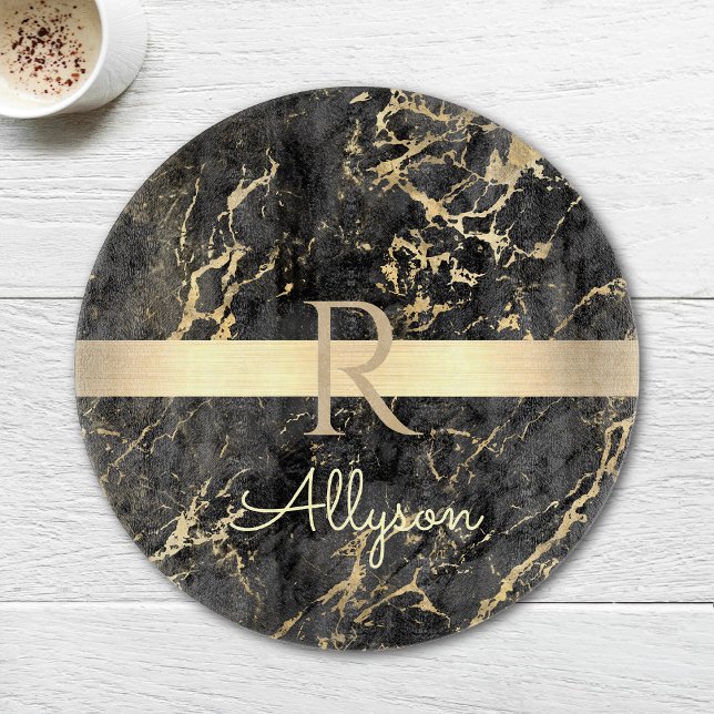 Black & Gold Marble, Gold Bar, DIY Name & Monogram Cutting Board (Creator Uploaded)