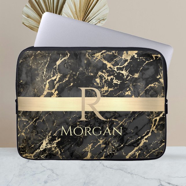 Black & Gold Marble, Gold Bar, DIY Name & Monogram Laptop Sleeve (Creator Uploaded)