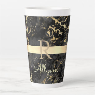 Black & Gold Marble, Gold Bar, DIY Name & Monogram Latte Mug