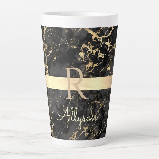 Black & Gold Marble, Gold Bar, DIY Name & Monogram Latte Mug (Front)