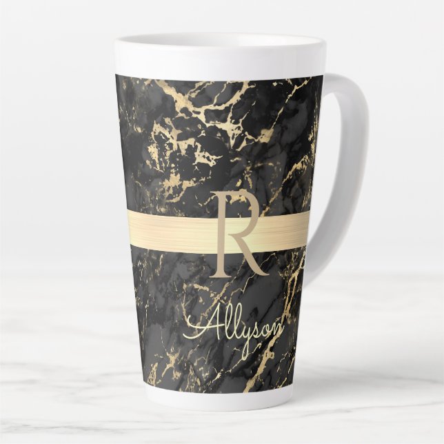 Black/Gold Marble Gold Bar, DIY Name/Monogram Vs 2 Latte Mug (Right Angle)