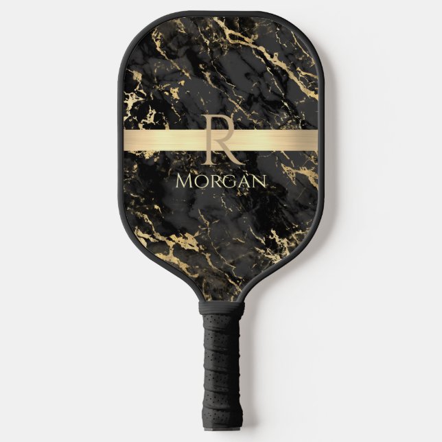 Black & Gold Marble, Gold Bar, Name & Monogram Pickleball Paddle (Front)