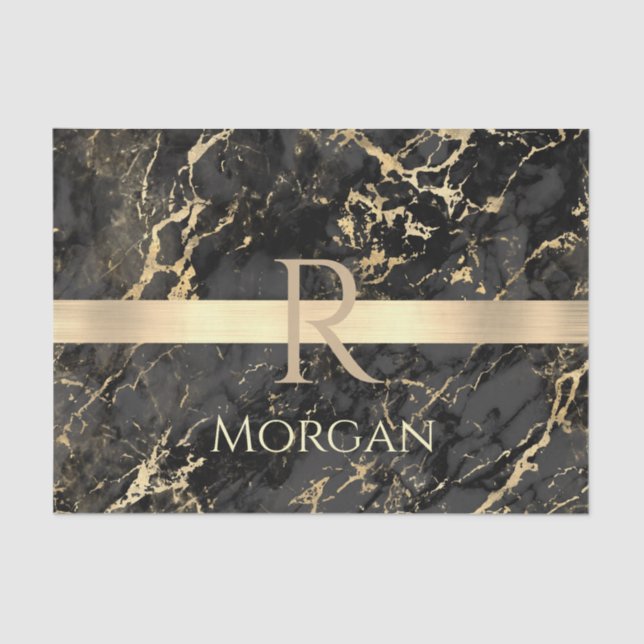 Black & Gold Marble, Gold Bar, Name & Monogram Tissue Paper (Front)