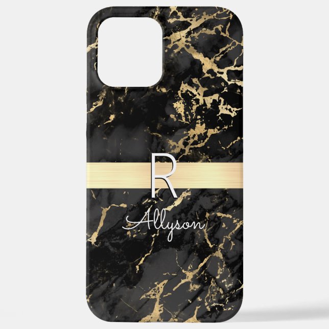 Black & Gold Marble, Gold Bar, White Name Monogram iPhone Case (Back)