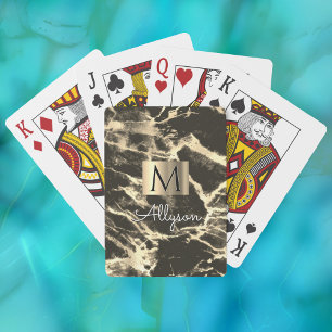 Black & Gold Marble Gold Box, Name & Monogram Vs 6 Playing Cards