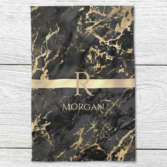Black & Gold Marble, Gold Monogram, Name & Stripe  Tea Towel (Creator Uploaded)