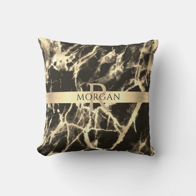 Black & Gold Marble, Gold Stripe, Name & Monogram Cushion (Front)