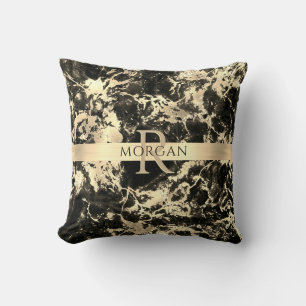 Black+Gold Marble, Gold Stripe, Name+Monogram, Vs3 Cushion