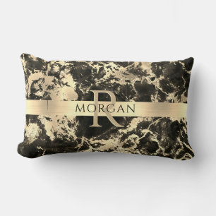 Black+Gold Marble, Gold Stripe, Name+Monogram, Vs3 Lumbar Cushion