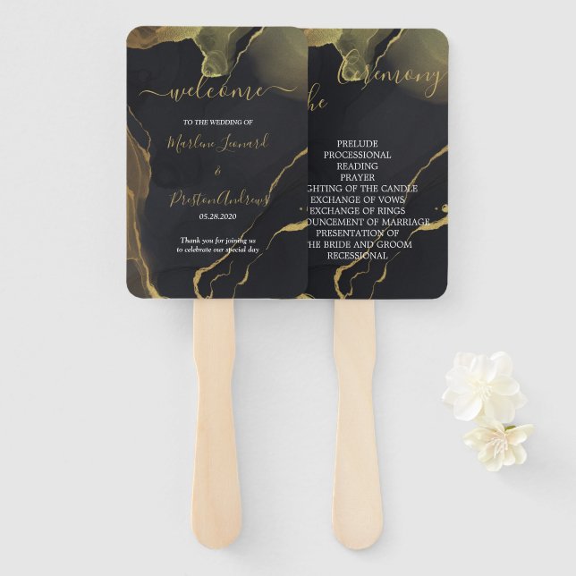 black & Gold Marble  Hand Fan (Front and Back)