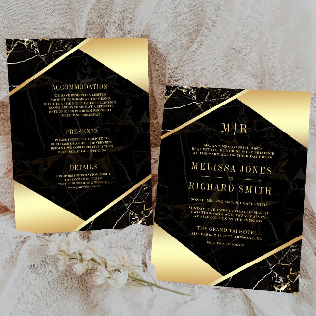 Black Gold Marble Monogram All in One Wedding Invitation (Creator Uploaded)