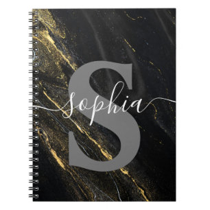 Black Gold Marble Monogram Initial Personalised Notebook