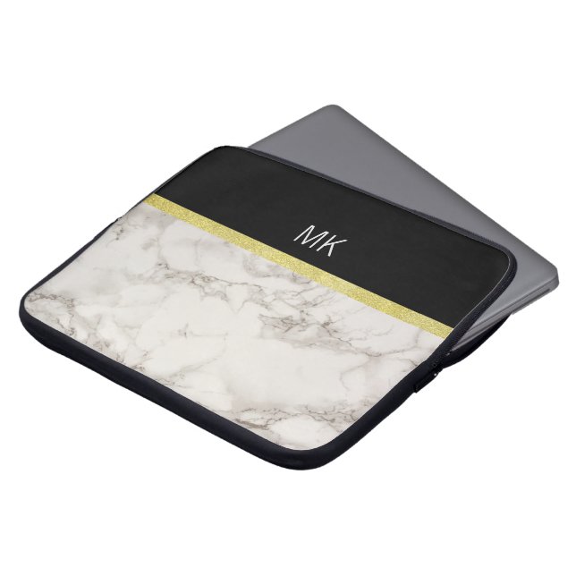 Black Gold Marble Monogram Laptop Sleeve (Front Top)