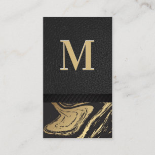 Black Gold Marble Monogram Leather Business Card