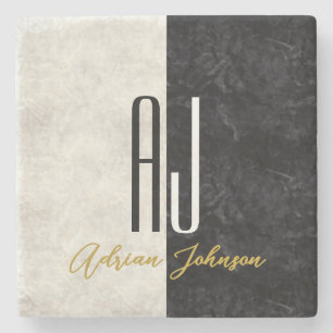 Black Gold Marble Monogram Stone Coaster