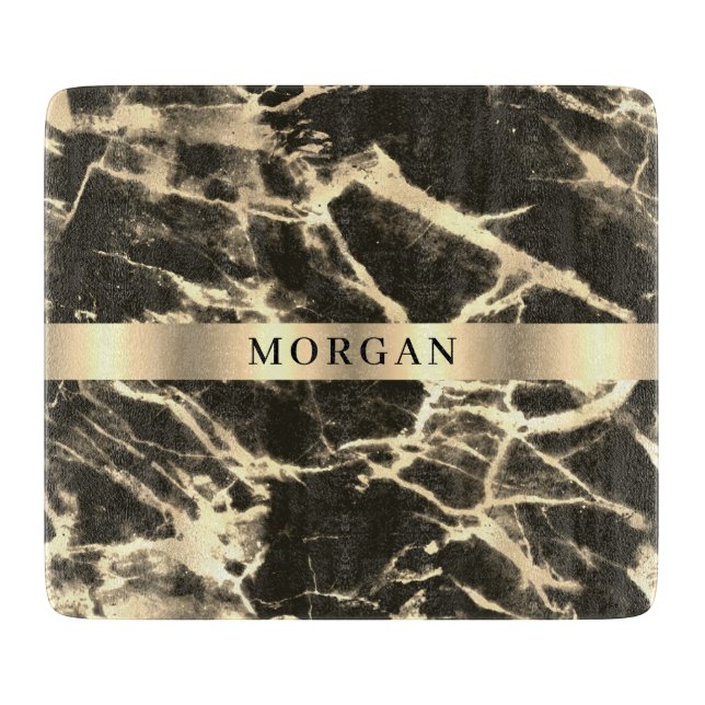 Black & Gold Marble, Name on Gold Band Cutting Board (Front)