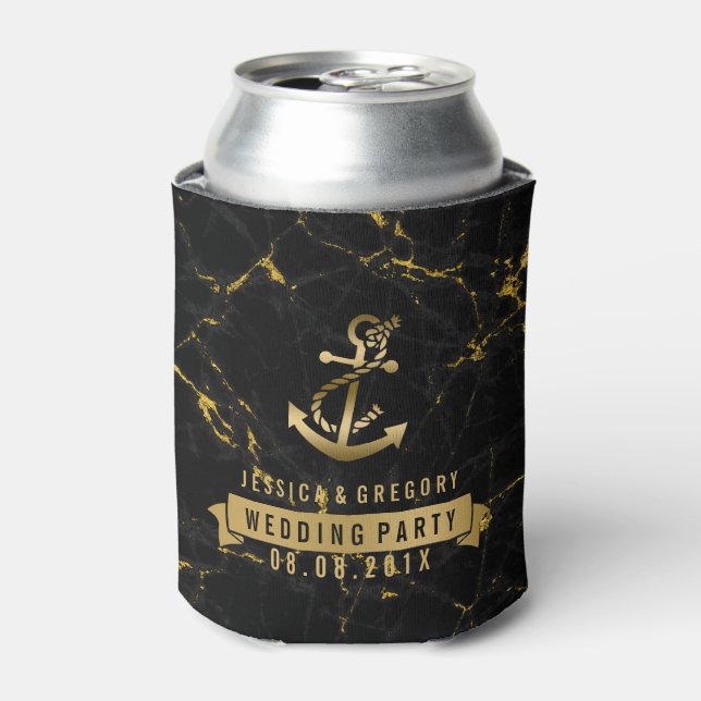 Black & Gold marble Nautical Boat Anchor Can Cooler (Can Front)