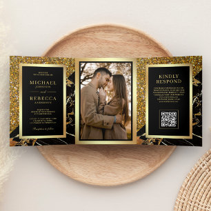 Black Gold Marble Photo QR Code Wedding Tri-Fold Invitation
