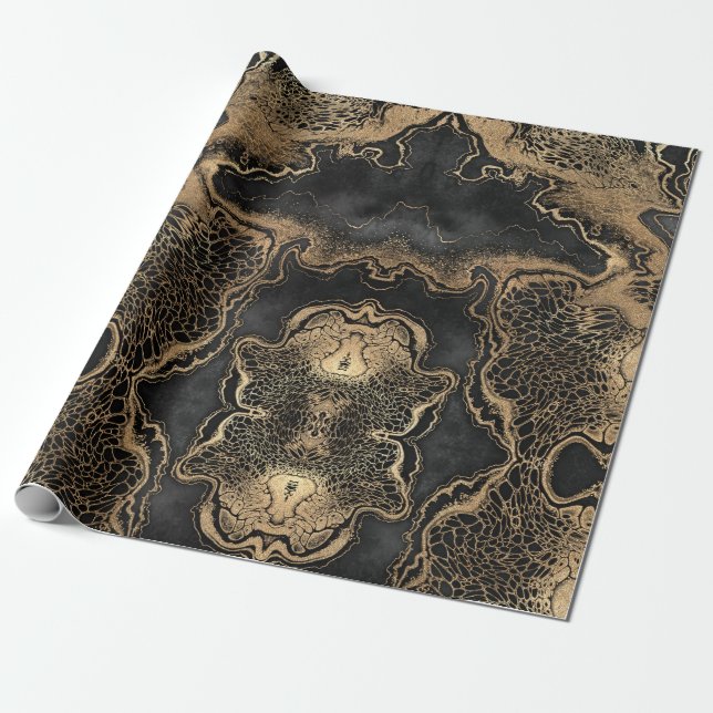 Black Gold Marble Pretty Wrapping Paper (Unrolled)