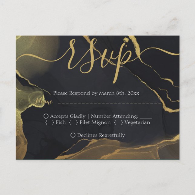 black & Gold Marble  RSVP Postcard (Front)