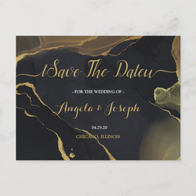 black & Gold Marble Save the Date Postcard (Front)