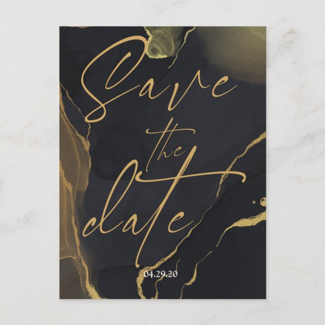 black & Gold Marble Save the Date Postcard (Front)