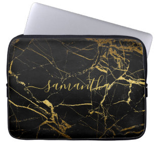 Black Gold Marble Script Laptop Sleeve
