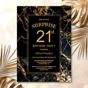 Black Gold Marble Surprise 21st Birthday Party Invitation