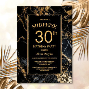 Black Gold Marble Surprise 30th Birthday Party Invitation
