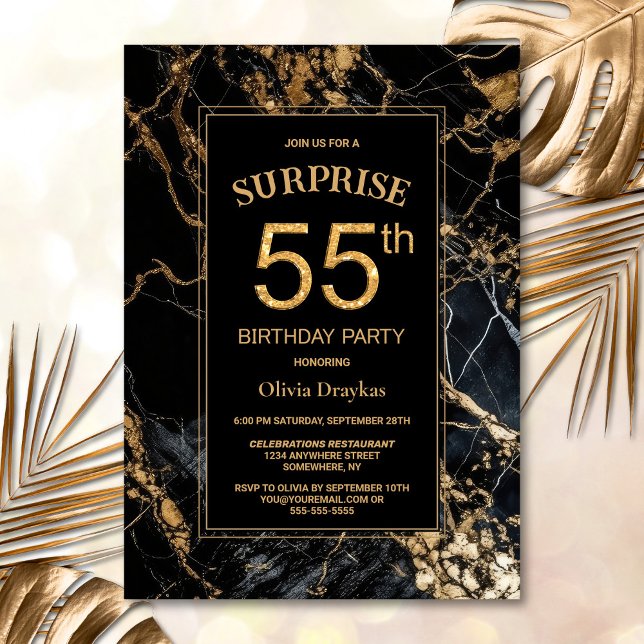 Black Gold Marble Surprise 55th Birthday Party Invitation (Creator Uploaded)