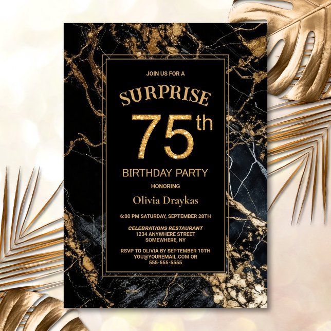 Black Gold Marble Surprise 75th Birthday Party Invitation (Creator Uploaded)