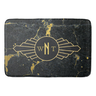 Black Gold Marble Three Letter Monogram Art Deco Bath Mat