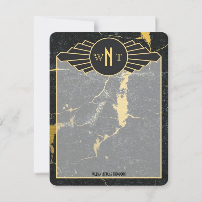 Black Gold Marble Three Letter Monogram Art Deco Card (Front)