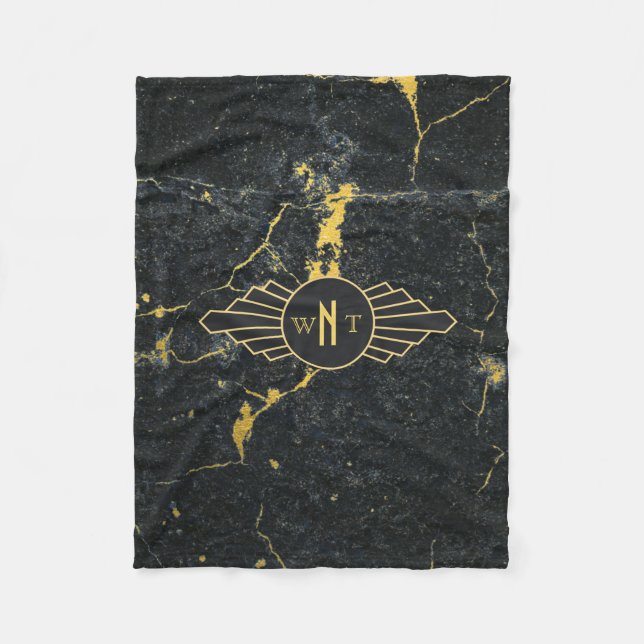 Black Gold Marble Three Letter Monogram Art Deco Fleece Blanket (Front)
