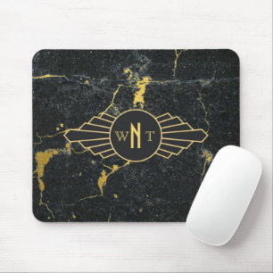 Black Gold Marble Three Letter Monogram Art Deco Mouse Pad