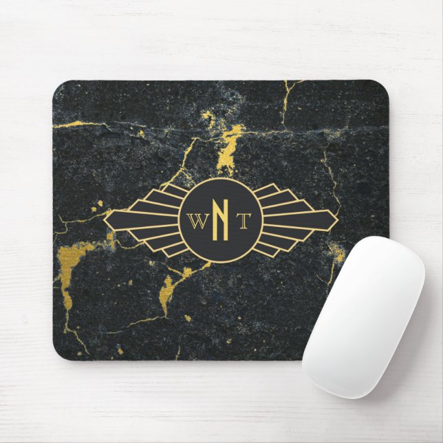 Black Gold Marble Three Letter Monogram Art Deco Mouse Pad (With Mouse)