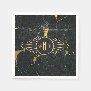 Black Gold Marble Three Letter Monogram Art Deco Napkin