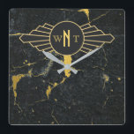 Black Gold Marble Three Letter Monogram Art Deco Square Wall Clock<br><div class="desc">An elegant and stylish design with Art Deco inspired three initial monogram and black and gold marble in the background. An ideal vintage nouveau style design with 1920's elements. The combination of the black and gold colours creates a sophisticated, trendy and chic style. Customise the monogram and make it your...</div>