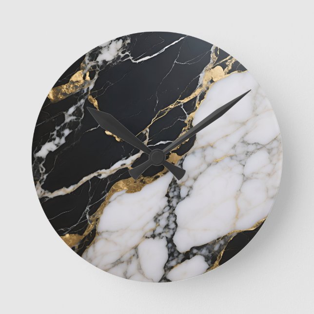 Black Gold Marble Veins Luxury Abstract Round Clock (Front)