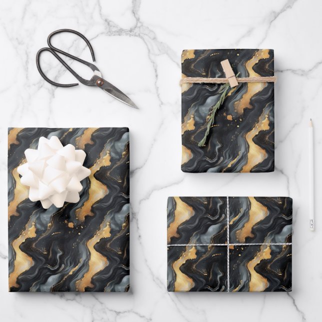 Black & Gold Marble Wrapping Paper Sheet (Front)