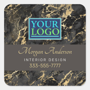 Black & Gold Marble, Your Logo DIY Business, Grey Square Sticker