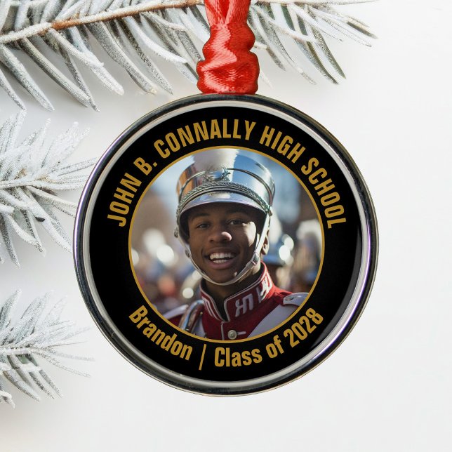 Black Gold Marching Band Photo Christmas Metal Ornament (Creator Uploaded)