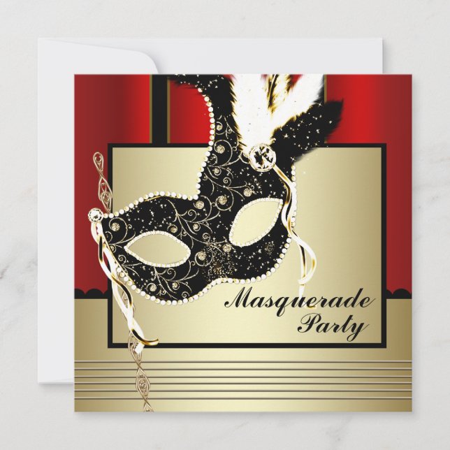 Black Gold Mask Red Black Masquerade Party Invitation (Front)