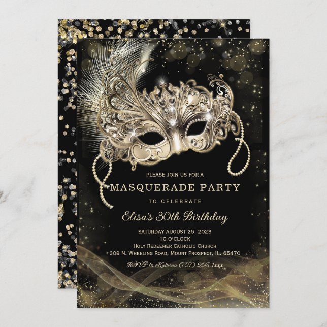 Black Gold Masquerade Birthday Party Invitation (Front/Back)