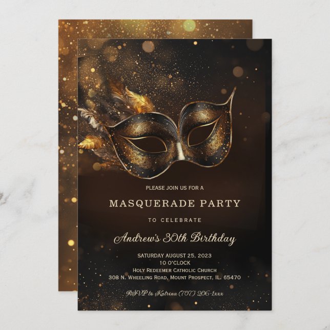 Black Gold Masquerade Birthday Party Invitation (Front/Back)